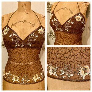 Vintage 90s Y2K Brown Beaded Halter Top Backless Boho Whimsigoth Fairycore Rave